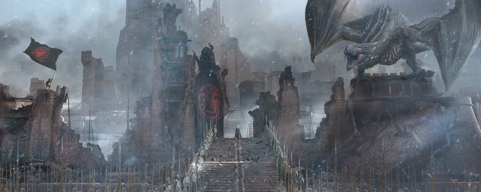 Concept artist Kieran Belshaw created this artwork of the Red Keep Gate in ruins for the "Game of Thrones" series finale.