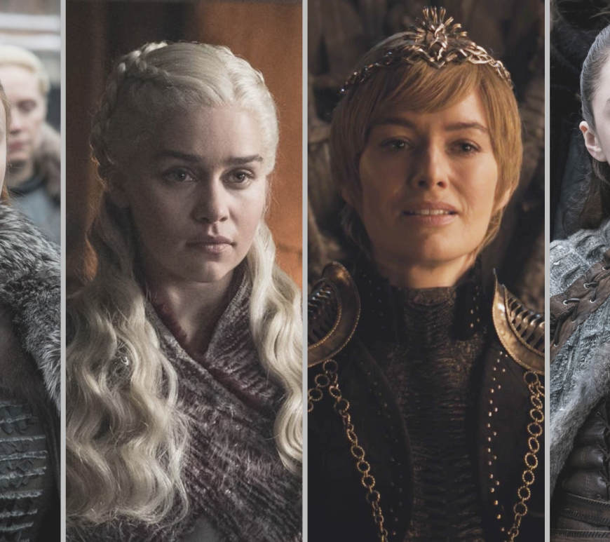 Sophie Turner as Sansa Stark, Emilia Clarke as Daenarys Targaryen, Lena Headey as Cersei Lannister, and Maisie Williams as Arya Stark in the final season of "Game of Thrones."