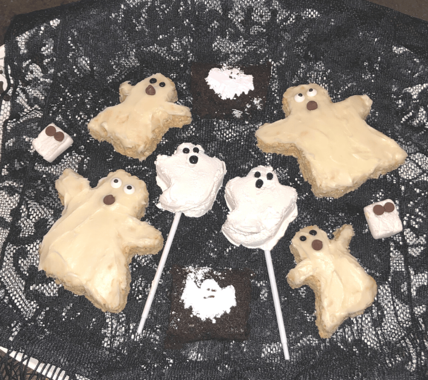 Ghost-shaped Rice Krispies on a plate