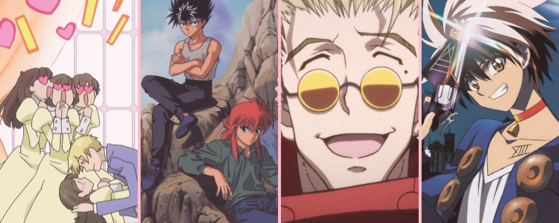 Grid of animes that deserve a reboot from left to right: Ouran Highschool Host Club, Yu Yu Hakusho, Trigun, Black Cats
