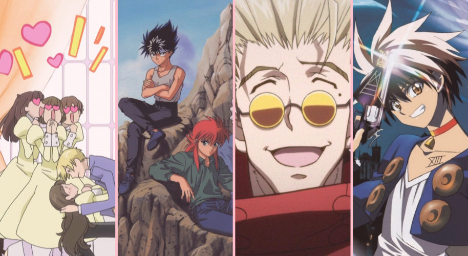 Grid of animes that deserve a reboot from left to right: Ouran Highschool Host Club, Yu Yu Hakusho, Trigun, Black Cats