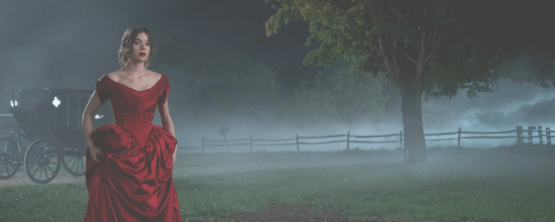 Hailee Steinfeld stars as Emily Dickinson in the Apple TV show, Dickinson. She wears a deep red dress on her way to meet with Death.