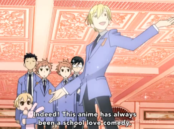An example of a scene in the anime series "Ouran High School Host Club" where the characters break the fourth wall.