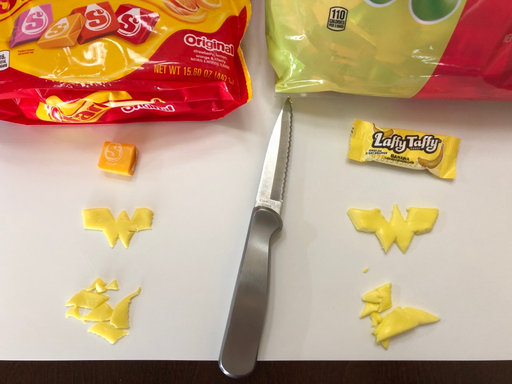 Carved out Wonder Woman logos on the Starburst candy (left) and the Laffy Taffy candy (right)