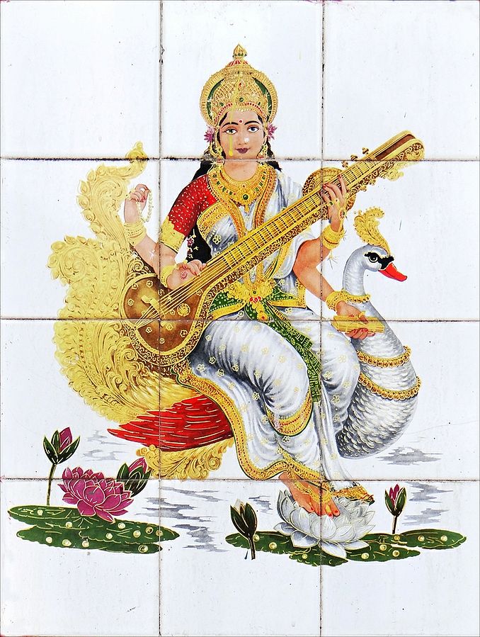 Hindu goddess Saraswati on ceramic tile