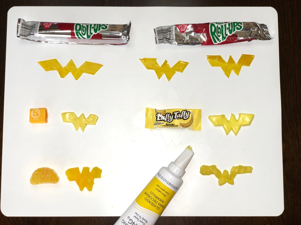 A top view of the four different candy types used to create Wonder Woman candy toppers