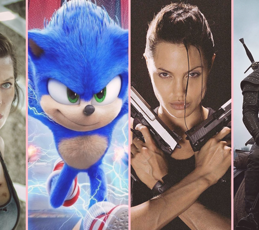 A collage of video game adaptations to film and television; from left to right: Resident Evil, Sonic the Hedgehog, Lara Croft Tomb Raider, and The Witcher