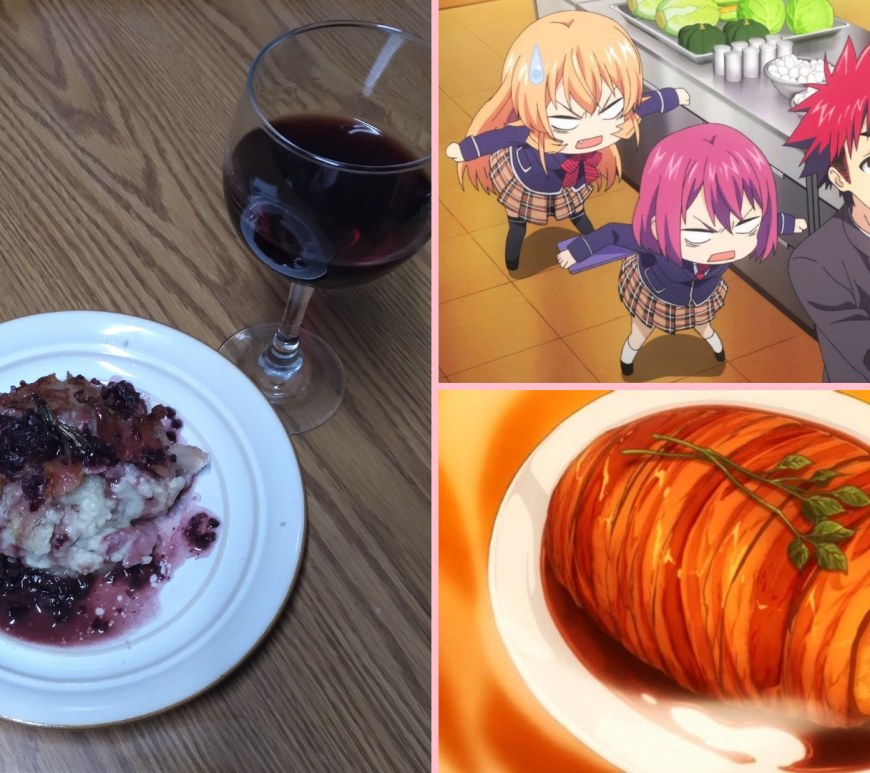 Collage of the Gotcha! pork roast recipe (left: Melissa Joy's concoction, top right: Food Wars anime; bottom right: pork roast from anime
